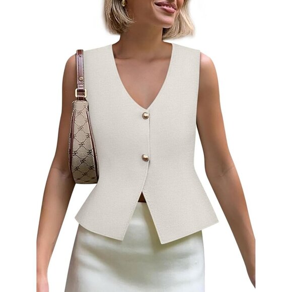 Sweaters - Womens V Neck Button Down Crop Sweater Vest Sleeveless Knit Tank Top